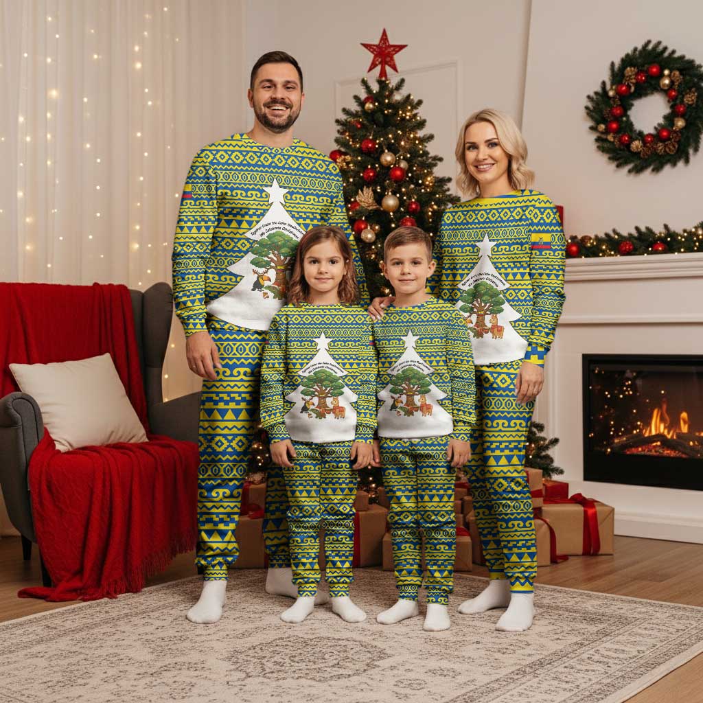 Ecuador Christmas Pajama Set with Ceibo Tree Llama Toucan and Traditional Yellow Blue Pattern Design - Wonder Print Shop