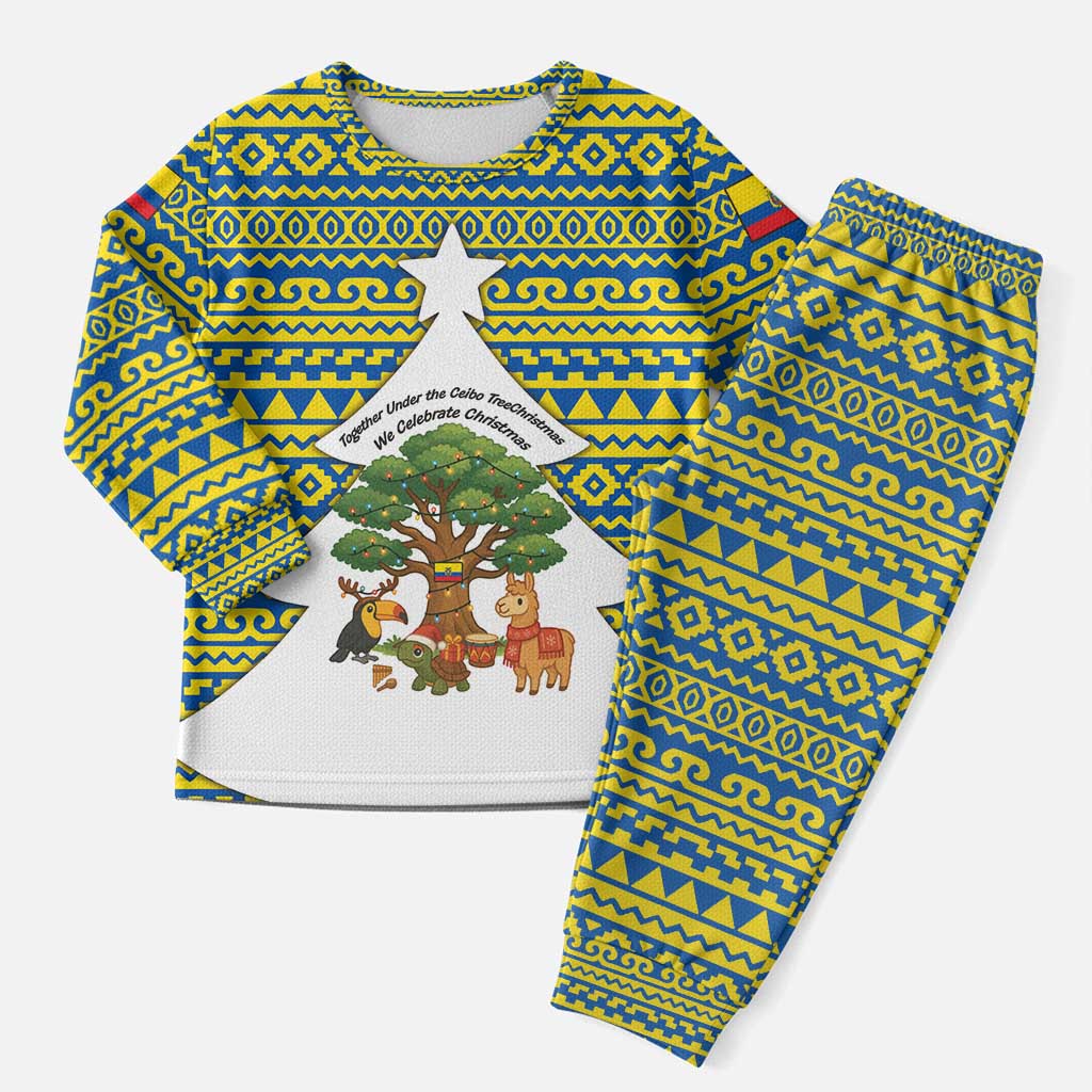 Ecuador Christmas Pajama Set with Ceibo Tree Llama Toucan and Traditional Yellow Blue Pattern Design - Wonder Print Shop