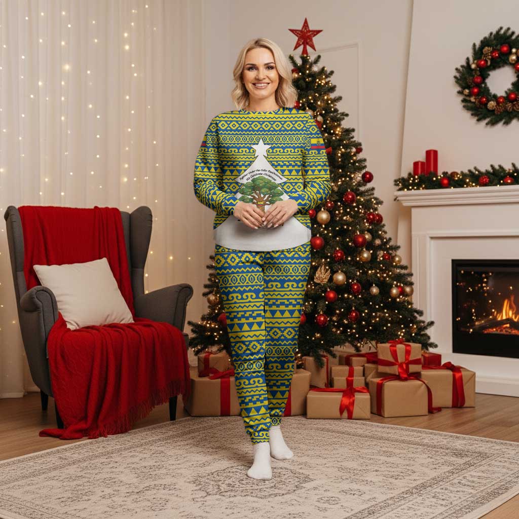 Ecuador Christmas Pajama Set with Ceibo Tree Llama Toucan and Traditional Yellow Blue Pattern Design - Wonder Print Shop