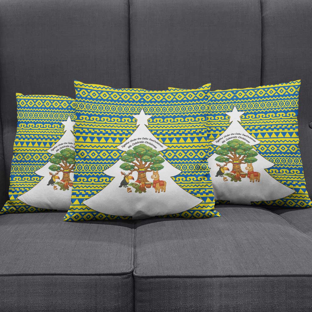 Ecuador Christmas Pillow Cover with Ceibo Tree Llama Toucan and Traditional Yellow Blue Pattern Design - Wonder Print Shop