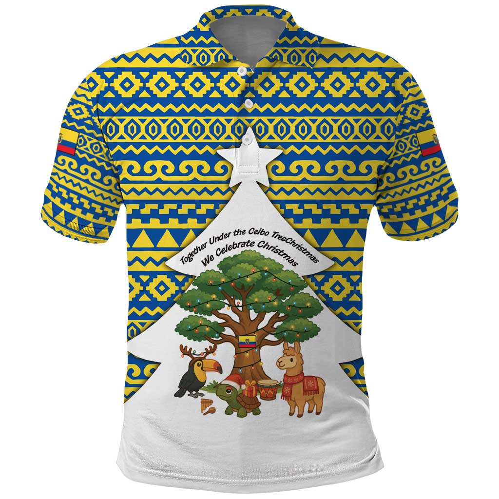 Ecuador Christmas Polo Shirt with Ceibo Tree Llama Toucan and Traditional Yellow Blue Pattern Design - Wonder Print Shop