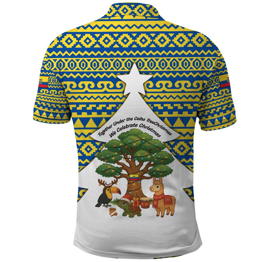Ecuador Christmas Polo Shirt with Ceibo Tree Llama Toucan and Traditional Yellow Blue Pattern Design - Wonder Print Shop