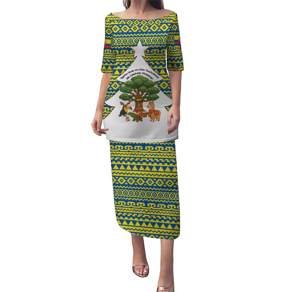 Ecuador Christmas Puletasi with Ceibo Tree Llama Toucan and Traditional Yellow Blue Pattern Design - Wonder Print Shop