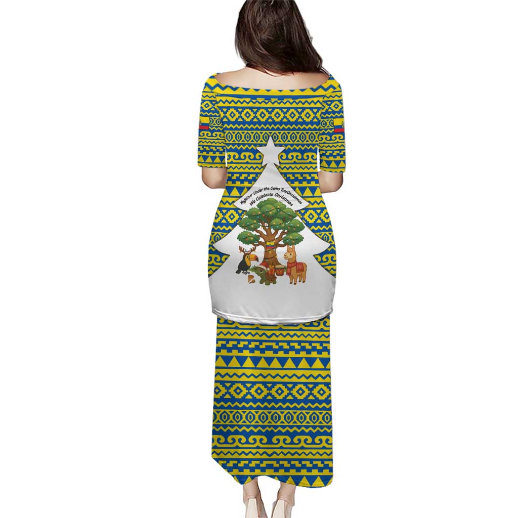 Ecuador Christmas Puletasi with Ceibo Tree Llama Toucan and Traditional Yellow Blue Pattern Design - Wonder Print Shop