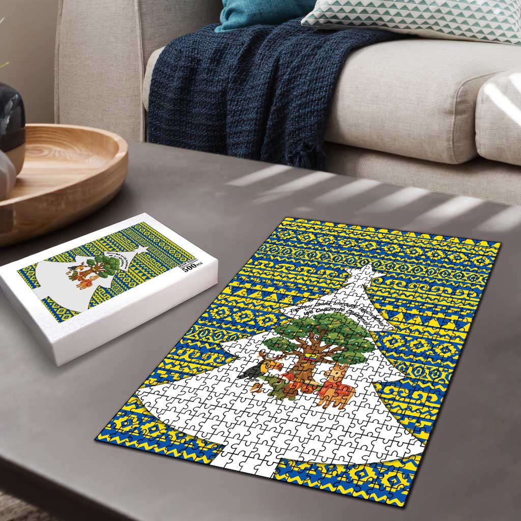 Ecuador Christmas Puzzle with Ceibo Tree Llama Toucan and Traditional Yellow Blue Pattern Design - Wonder Print Shop
