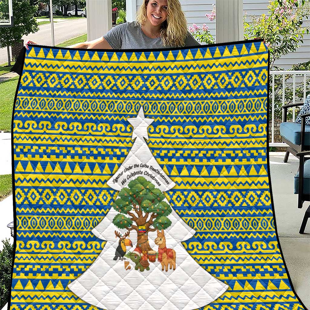 Ecuador Christmas Quilt with Ceibo Tree Llama Toucan and Traditional Yellow Blue Pattern Design - Wonder Print Shop