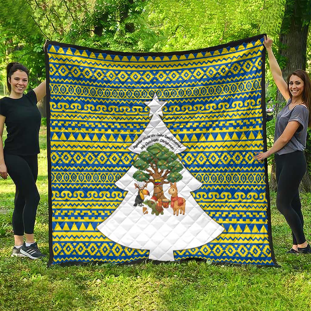 Ecuador Christmas Quilt with Ceibo Tree Llama Toucan and Traditional Yellow Blue Pattern Design - Wonder Print Shop