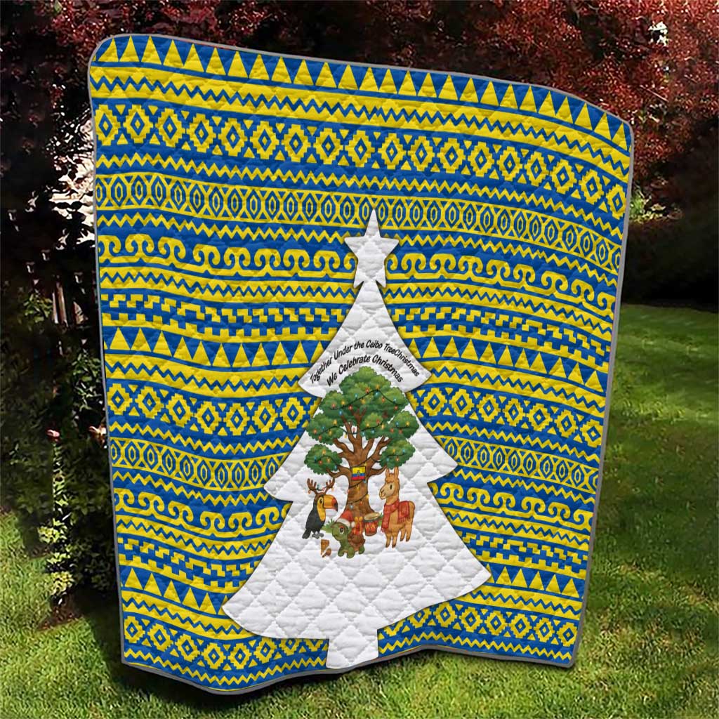 Ecuador Christmas Quilt with Ceibo Tree Llama Toucan and Traditional Yellow Blue Pattern Design - Wonder Print Shop