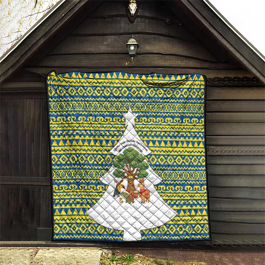 Ecuador Christmas Quilt with Ceibo Tree Llama Toucan and Traditional Yellow Blue Pattern Design - Wonder Print Shop