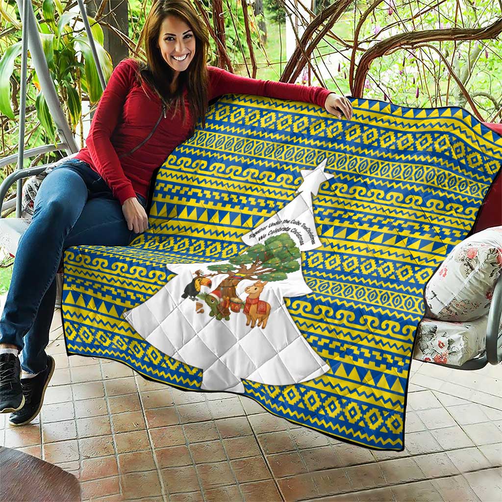 Ecuador Christmas Quilt with Ceibo Tree Llama Toucan and Traditional Yellow Blue Pattern Design - Wonder Print Shop