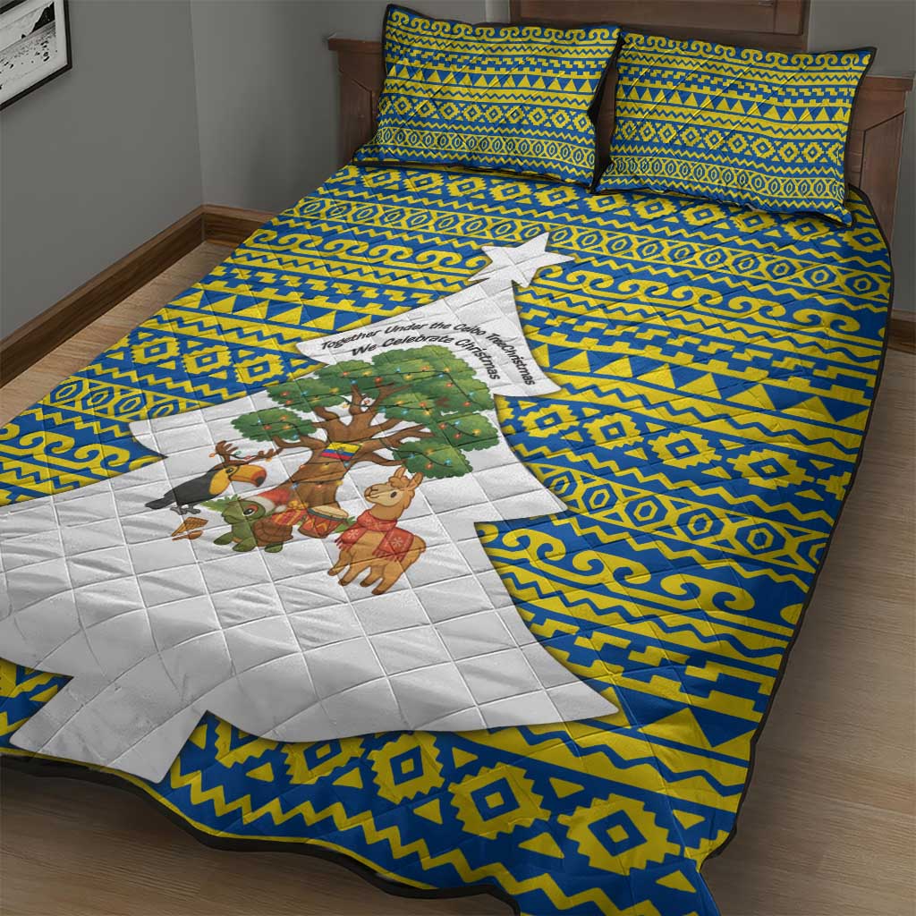 Ecuador Christmas Quilt Bed Set with Ceibo Tree Llama Toucan and Traditional Yellow Blue Pattern Design - Wonder Print Shop