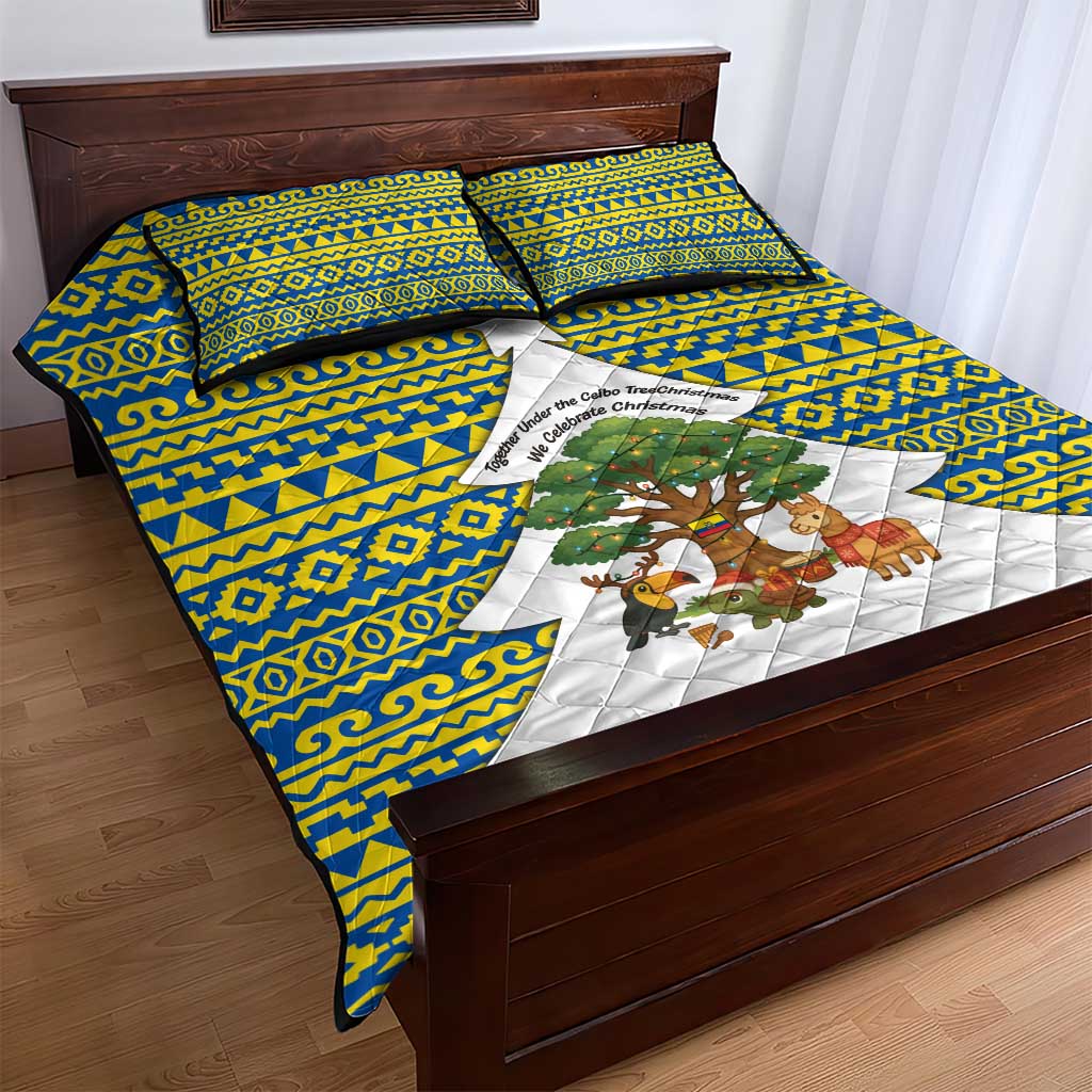 Ecuador Christmas Quilt Bed Set with Ceibo Tree Llama Toucan and Traditional Yellow Blue Pattern Design - Wonder Print Shop