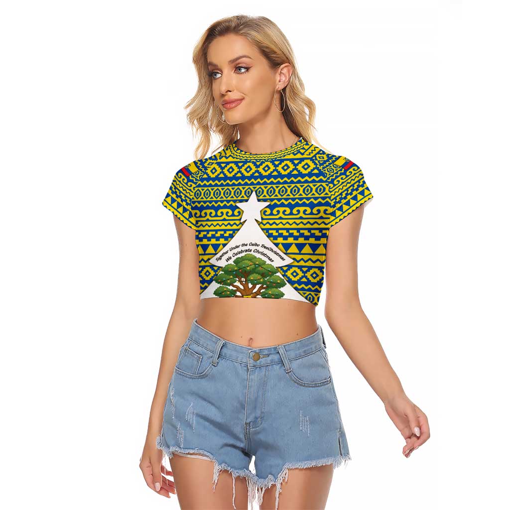 Ecuador Christmas Raglan Cropped T Shirt with Ceibo Tree Llama Toucan and Traditional Yellow Blue Pattern Design - Wonder Print Shop