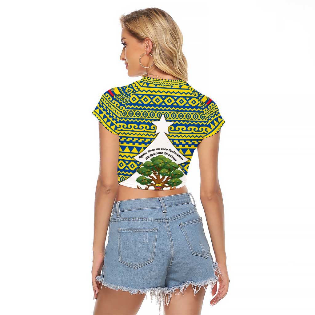 Ecuador Christmas Raglan Cropped T Shirt with Ceibo Tree Llama Toucan and Traditional Yellow Blue Pattern Design - Wonder Print Shop