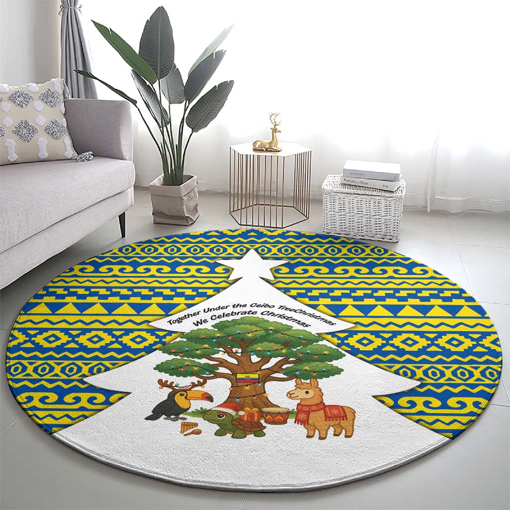 Ecuador Christmas Round Carpet with Ceibo Tree Llama Toucan and Traditional Yellow Blue Pattern Design - Wonder Print Shop