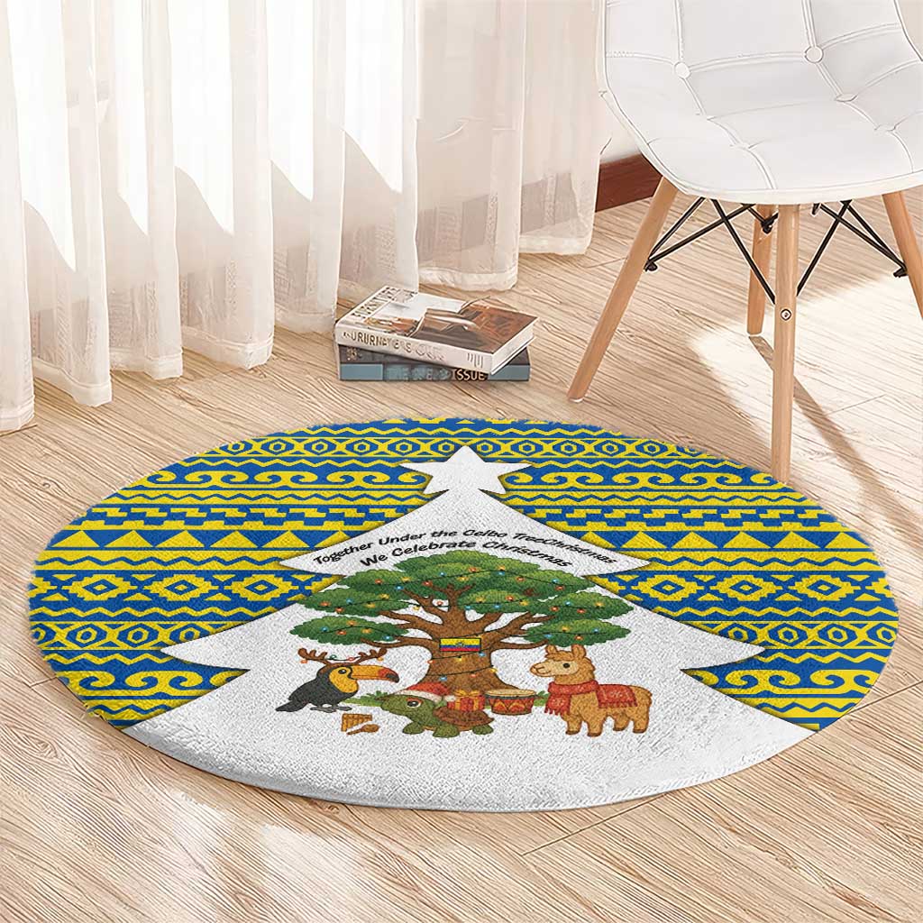 Ecuador Christmas Round Carpet with Ceibo Tree Llama Toucan and Traditional Yellow Blue Pattern Design - Wonder Print Shop