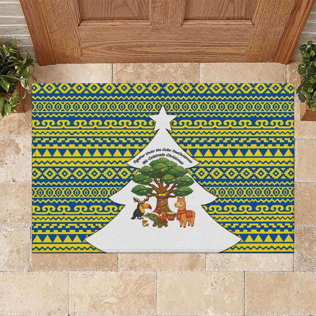 Ecuador Christmas Rubber Doormat with Ceibo Tree Llama Toucan and Traditional Yellow Blue Pattern Design - Wonder Print Shop