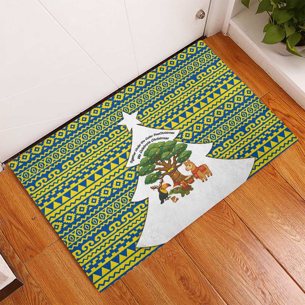 Ecuador Christmas Rubber Doormat with Ceibo Tree Llama Toucan and Traditional Yellow Blue Pattern Design - Wonder Print Shop