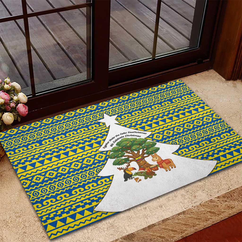 Ecuador Christmas Rubber Doormat with Ceibo Tree Llama Toucan and Traditional Yellow Blue Pattern Design - Wonder Print Shop