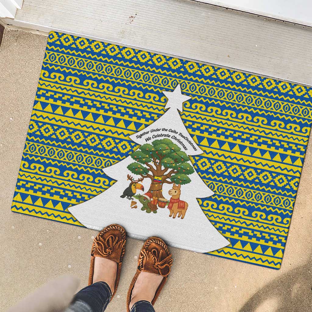 Ecuador Christmas Rubber Doormat with Ceibo Tree Llama Toucan and Traditional Yellow Blue Pattern Design - Wonder Print Shop
