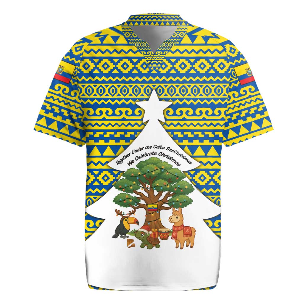 Ecuador Christmas Rugby Jersey with Ceibo Tree Llama Toucan and Traditional Yellow Blue Pattern Design - Wonder Print Shop