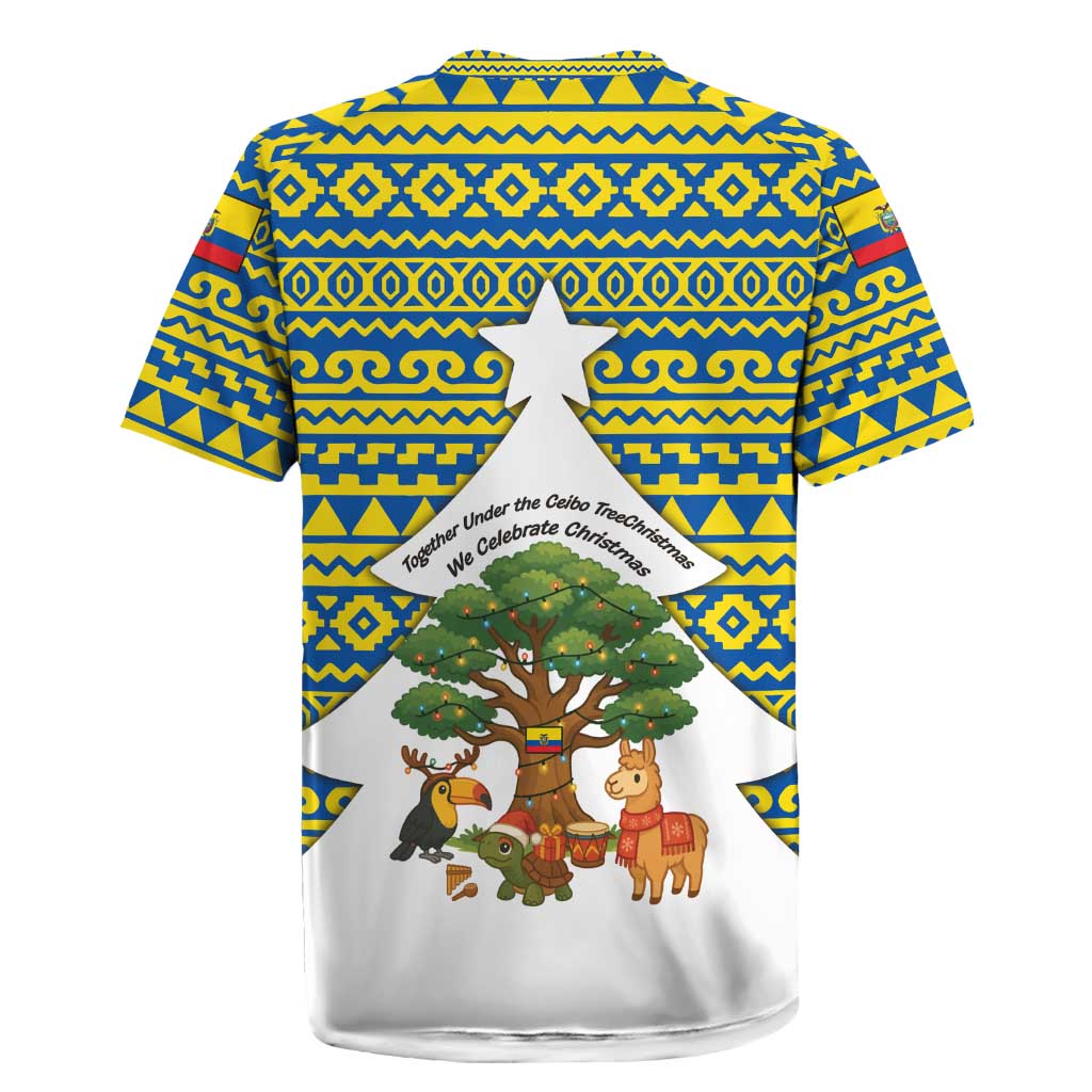 Ecuador Christmas Rugby Jersey with Ceibo Tree Llama Toucan and Traditional Yellow Blue Pattern Design - Wonder Print Shop