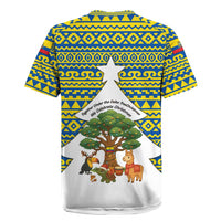 Ecuador Christmas Rugby Jersey with Ceibo Tree Llama Toucan and Traditional Yellow Blue Pattern Design - Wonder Print Shop