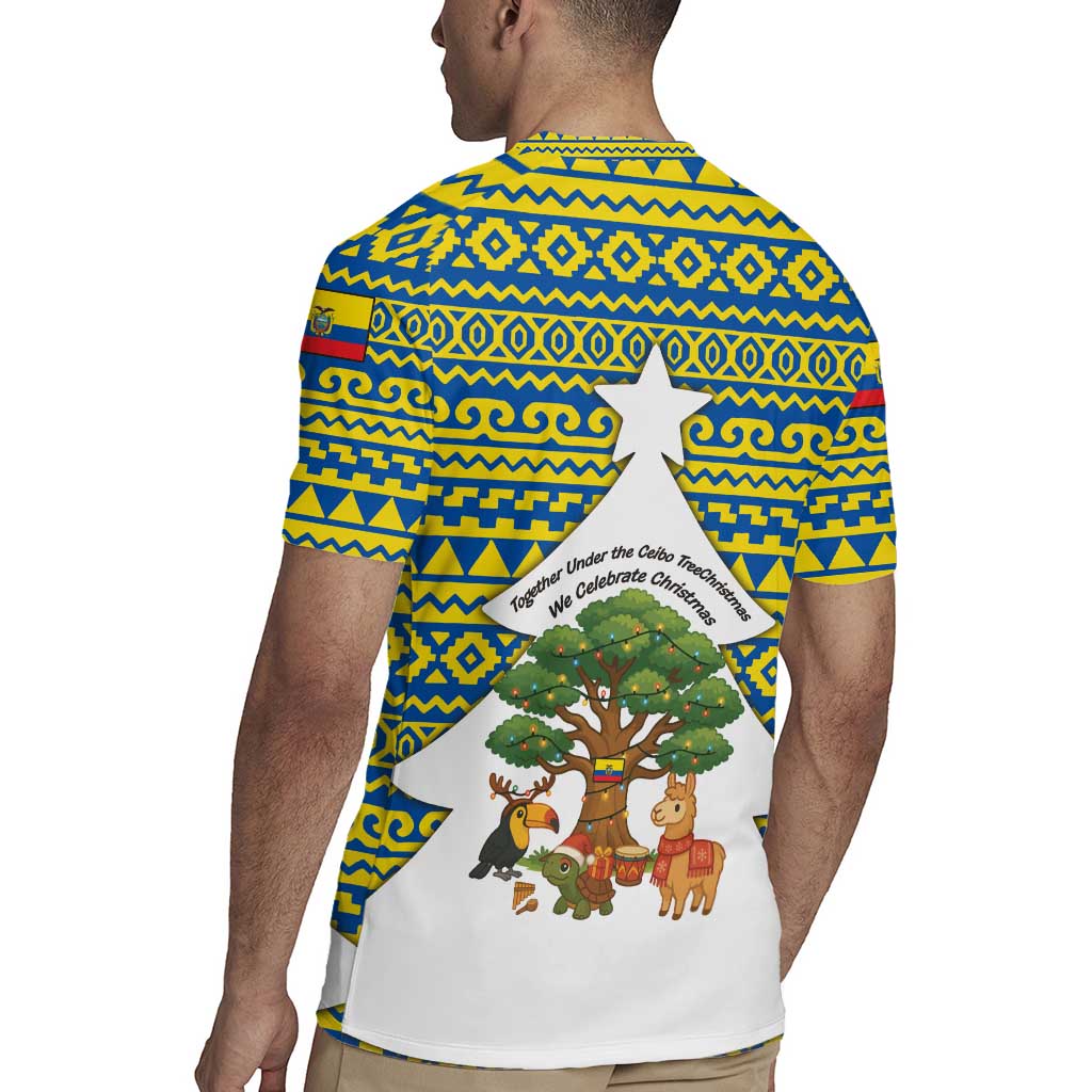Ecuador Christmas Rugby Jersey with Ceibo Tree Llama Toucan and Traditional Yellow Blue Pattern Design - Wonder Print Shop