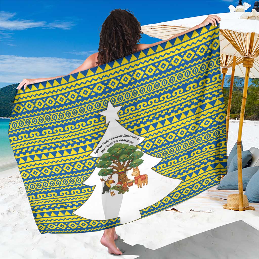 Ecuador Christmas Sarong with Ceibo Tree Llama Toucan and Traditional Yellow Blue Pattern Design - Wonder Print Shop