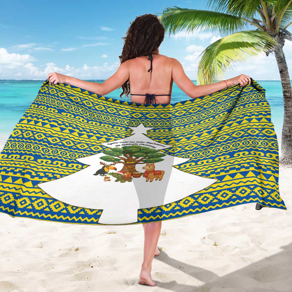 Ecuador Christmas Sarong with Ceibo Tree Llama Toucan and Traditional Yellow Blue Pattern Design - Wonder Print Shop