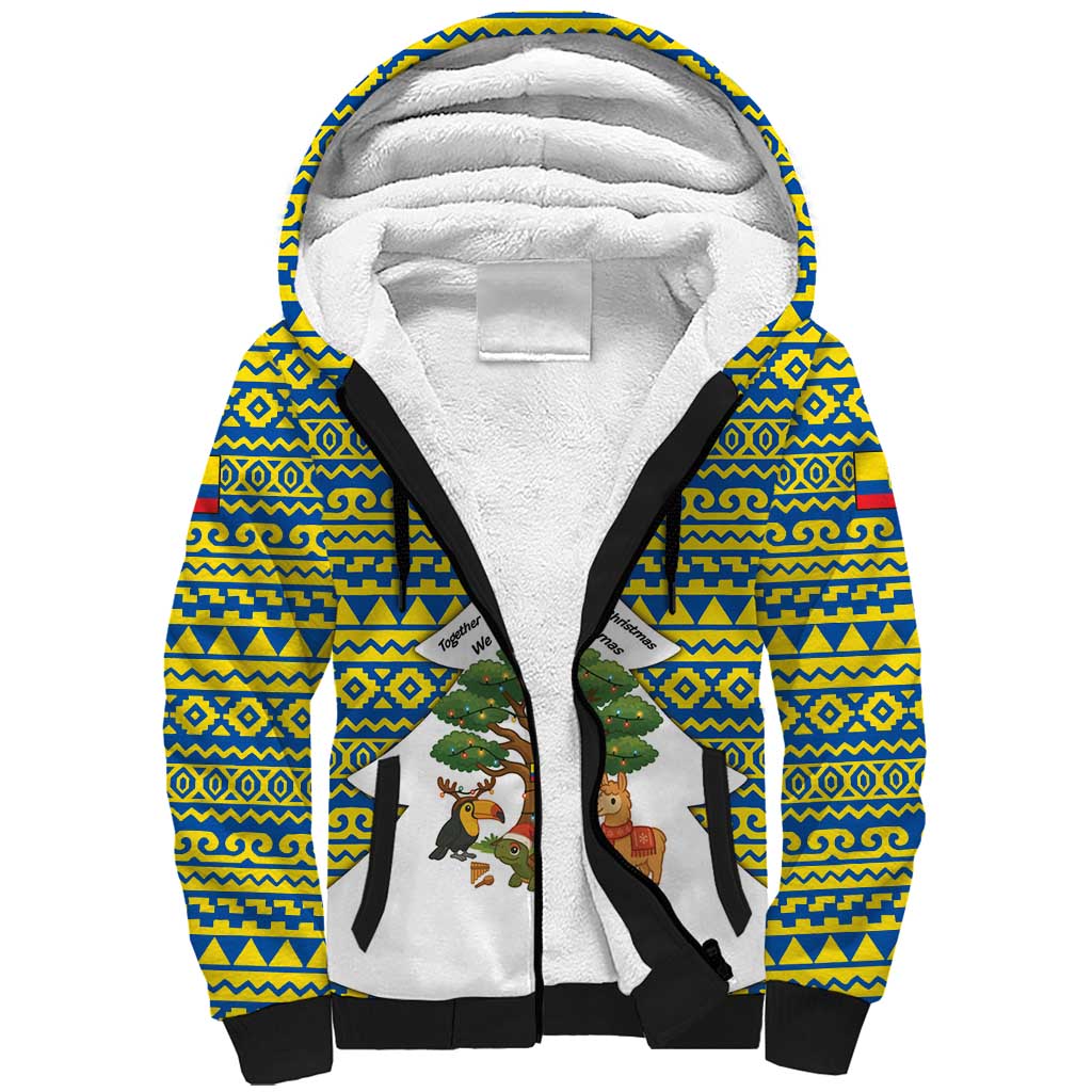 Ecuador Christmas Sherpa Hoodie with Ceibo Tree Llama Toucan and Traditional Yellow Blue Pattern Design - Wonder Print Shop