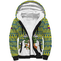 Ecuador Christmas Sherpa Hoodie with Ceibo Tree Llama Toucan and Traditional Yellow Blue Pattern Design - Wonder Print Shop