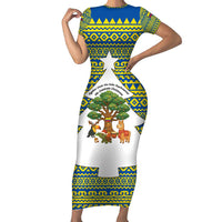 Ecuador Christmas Short Sleeve Bodycon Dress with Ceibo Tree Llama Toucan and Traditional Yellow Blue Pattern Design - Wonder Print Shop