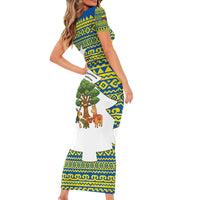 Ecuador Christmas Short Sleeve Bodycon Dress with Ceibo Tree Llama Toucan and Traditional Yellow Blue Pattern Design - Wonder Print Shop