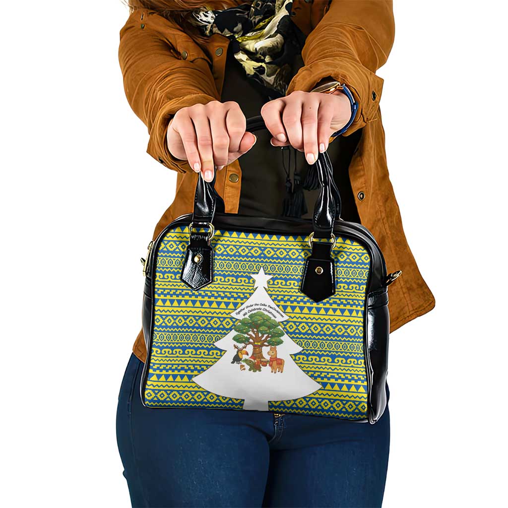 Ecuador Christmas Shoulder Handbag with Ceibo Tree Llama Toucan and Traditional Yellow Blue Pattern Design - Wonder Print Shop