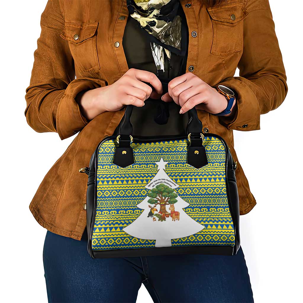 Ecuador Christmas Shoulder Handbag with Ceibo Tree Llama Toucan and Traditional Yellow Blue Pattern Design - Wonder Print Shop