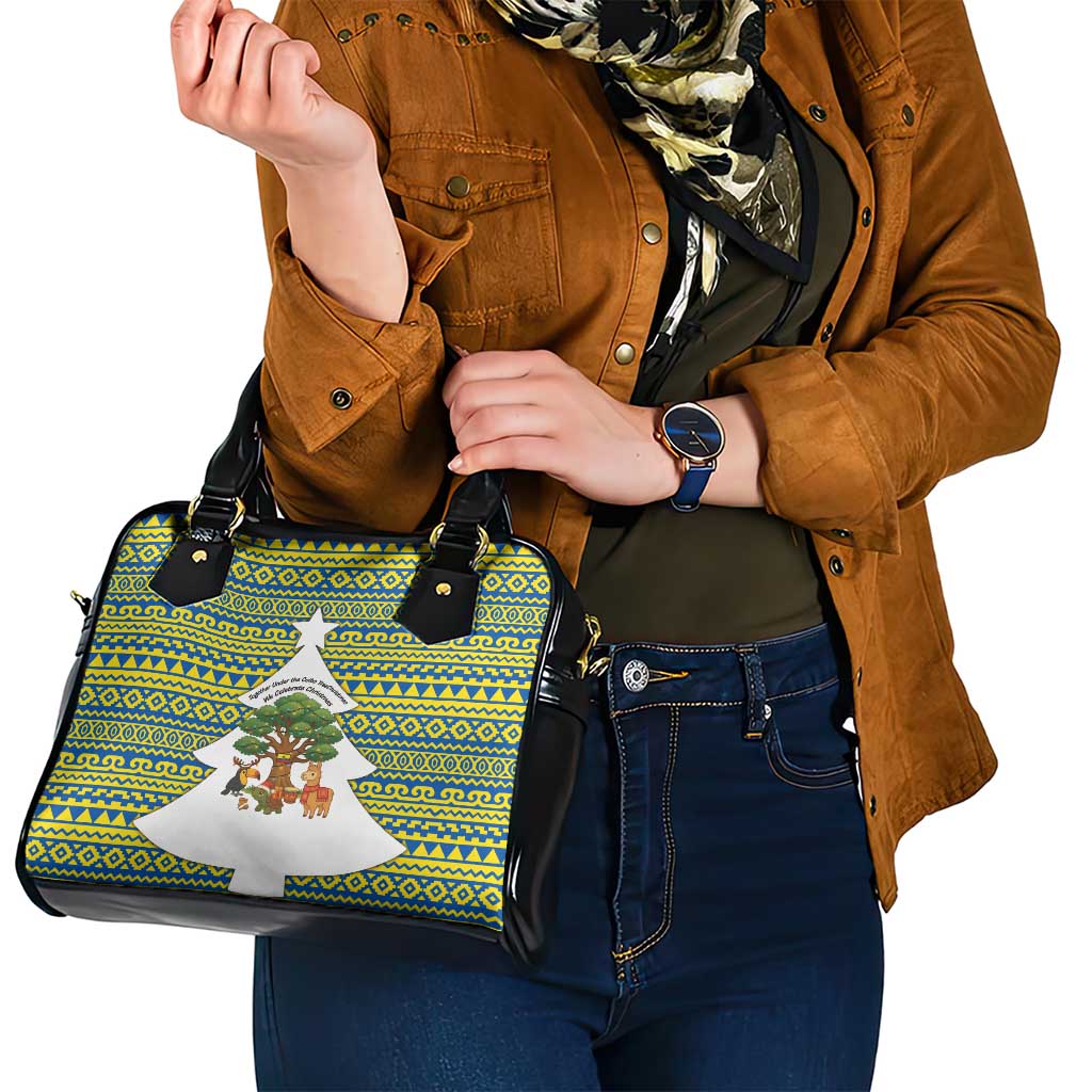 Ecuador Christmas Shoulder Handbag with Ceibo Tree Llama Toucan and Traditional Yellow Blue Pattern Design - Wonder Print Shop