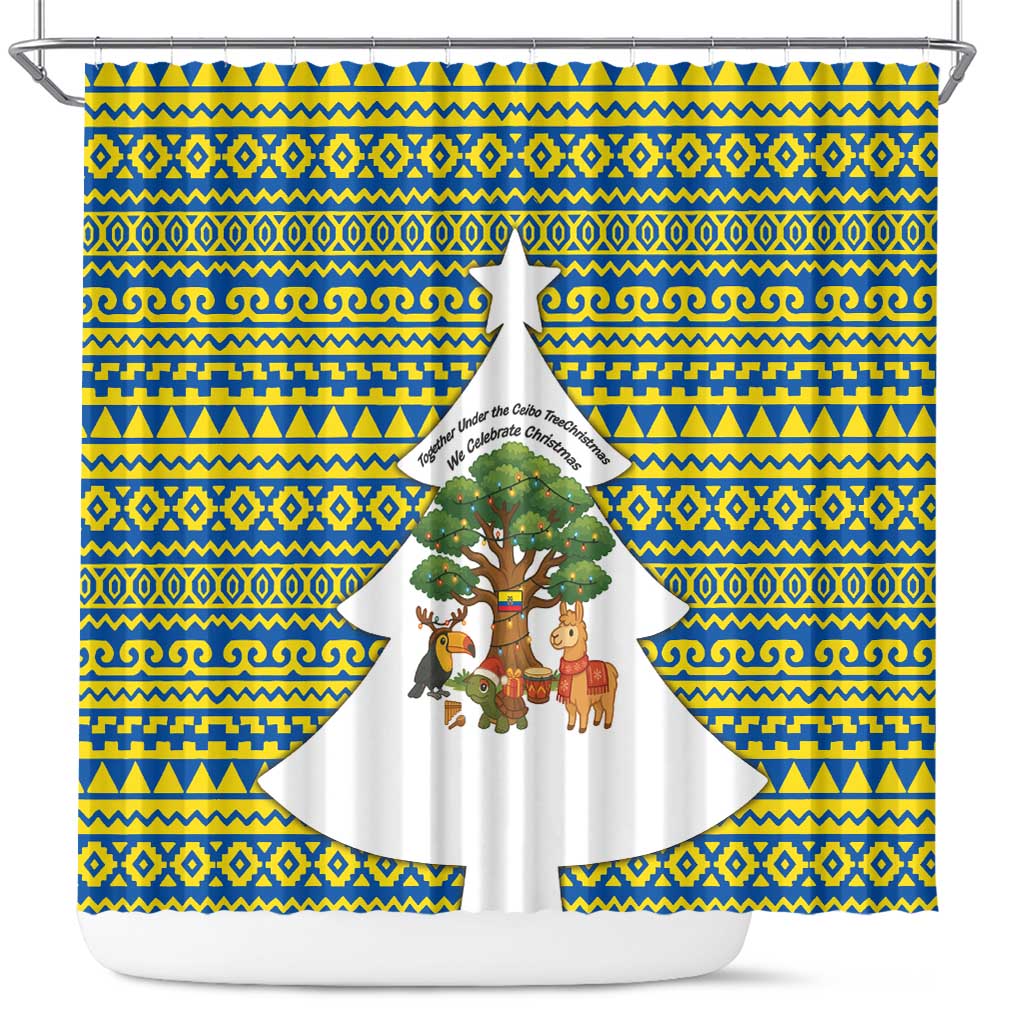 Ecuador Christmas Shower Curtain with Ceibo Tree Llama Toucan and Traditional Yellow Blue Pattern Design - Wonder Print Shop