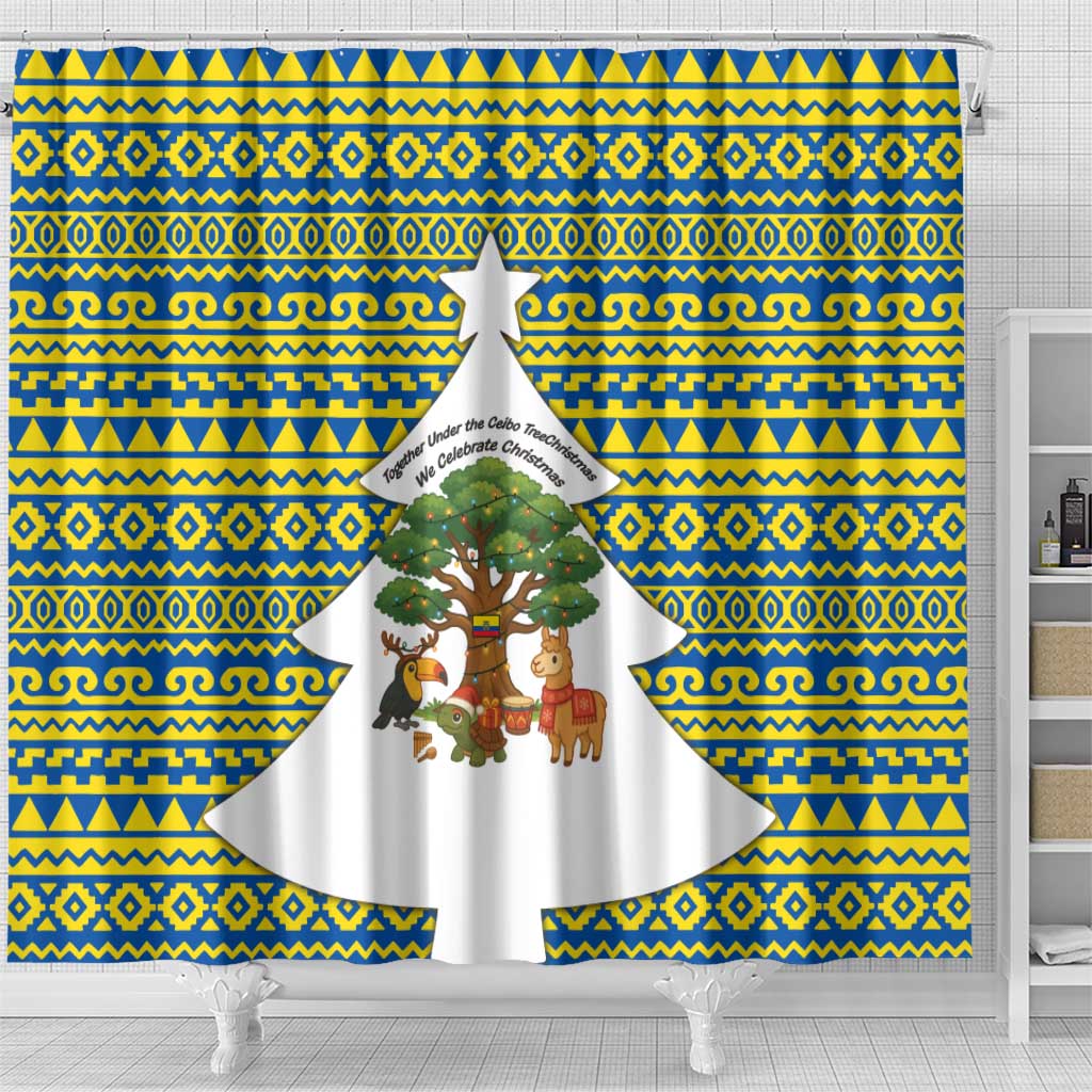 Ecuador Christmas Shower Curtain with Ceibo Tree Llama Toucan and Traditional Yellow Blue Pattern Design - Wonder Print Shop