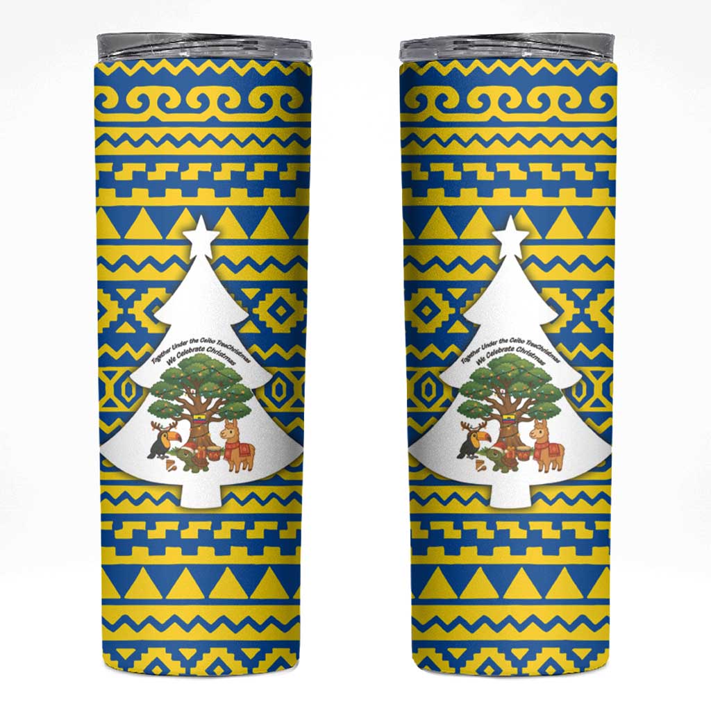 Ecuador Christmas Skinny Tumbler with Ceibo Tree Llama Toucan and Traditional Yellow Blue Pattern Design - Wonder Print Shop