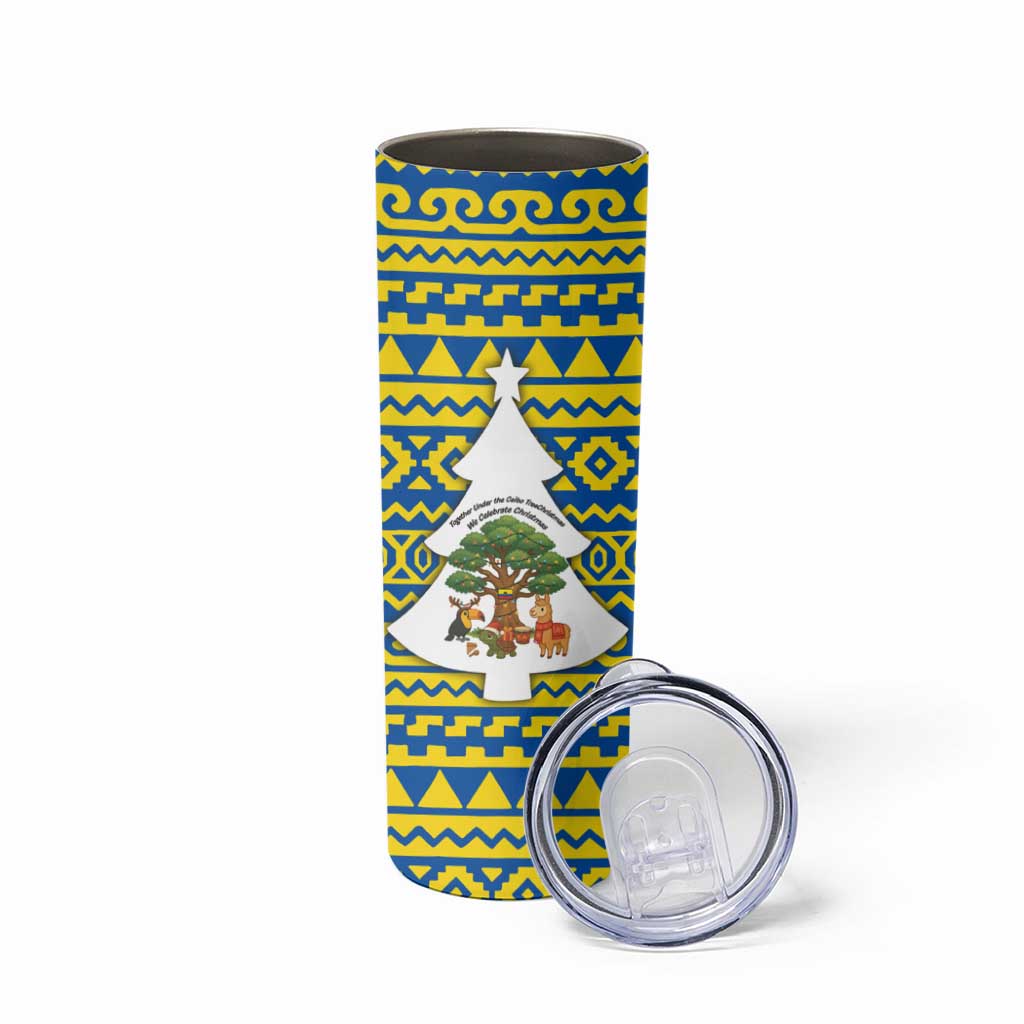 Ecuador Christmas Skinny Tumbler with Ceibo Tree Llama Toucan and Traditional Yellow Blue Pattern Design - Wonder Print Shop