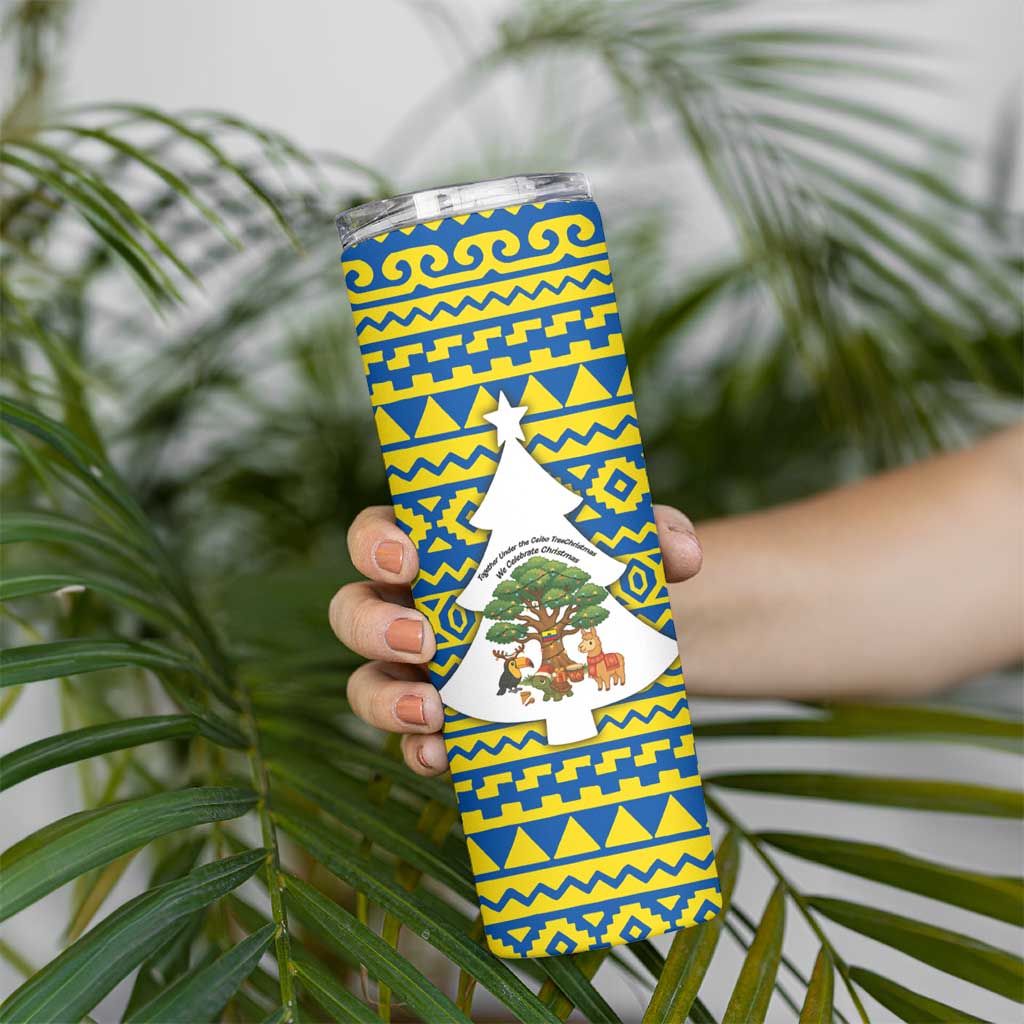 Ecuador Christmas Skinny Tumbler with Ceibo Tree Llama Toucan and Traditional Yellow Blue Pattern Design - Wonder Print Shop