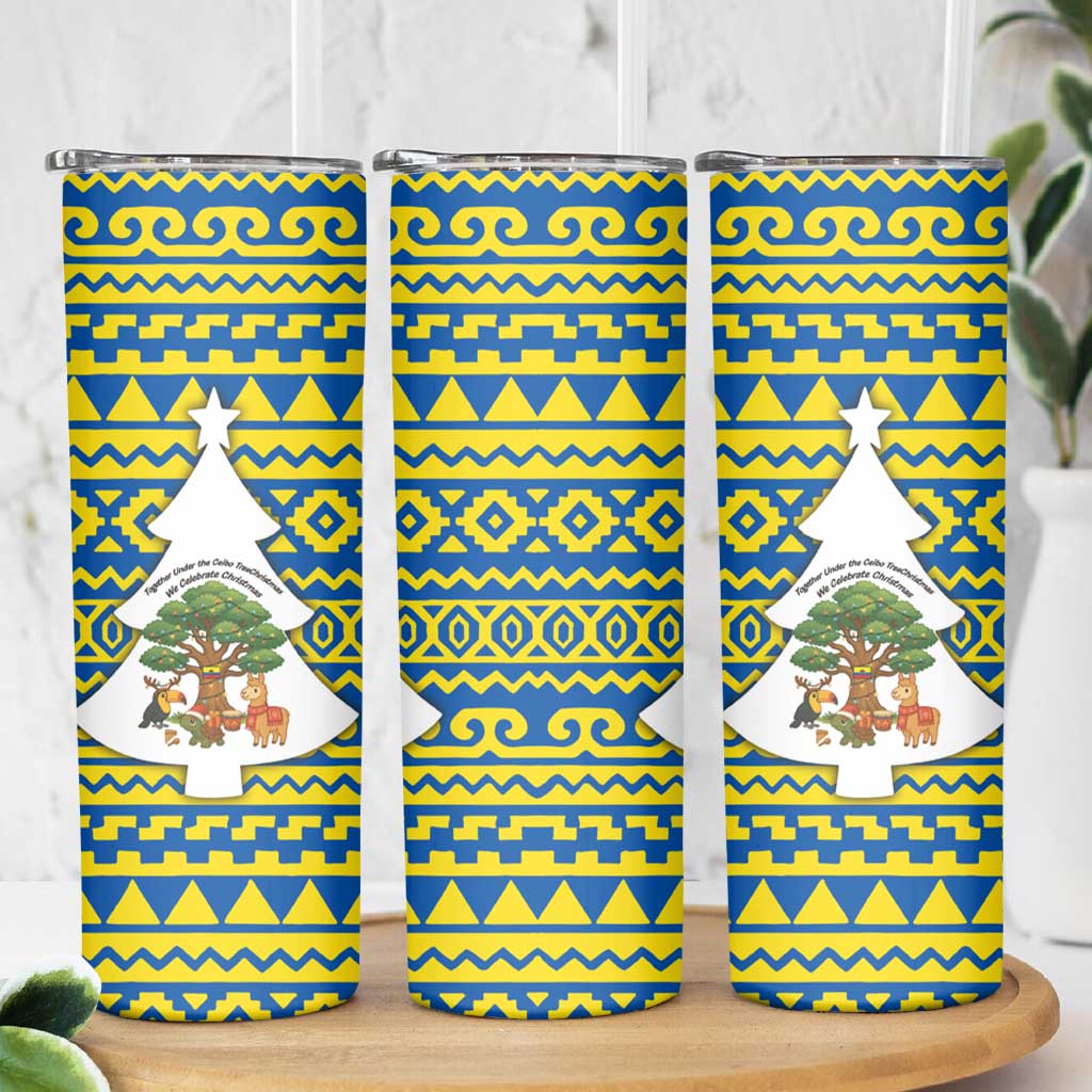 Ecuador Christmas Skinny Tumbler with Ceibo Tree Llama Toucan and Traditional Yellow Blue Pattern Design - Wonder Print Shop
