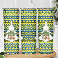 Ecuador Christmas Skinny Tumbler with Ceibo Tree Llama Toucan and Traditional Yellow Blue Pattern Design - Wonder Print Shop