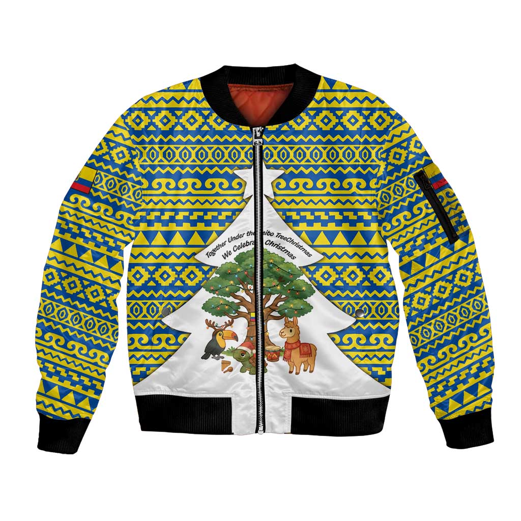 Ecuador Christmas Sleeve Zip Bomber Jacket with Ceibo Tree Llama Toucan and Traditional Yellow Blue Pattern Design - Wonder Print Shop