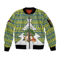 Ecuador Christmas Sleeve Zip Bomber Jacket with Ceibo Tree Llama Toucan and Traditional Yellow Blue Pattern Design - Wonder Print Shop