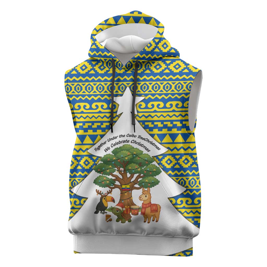 Ecuador Christmas Sleeveless Hoodie with Ceibo Tree Llama Toucan and Traditional Yellow Blue Pattern Design - Wonder Print Shop