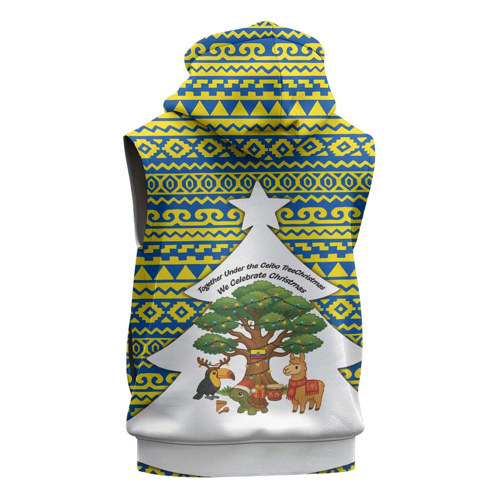 Ecuador Christmas Sleeveless Hoodie with Ceibo Tree Llama Toucan and Traditional Yellow Blue Pattern Design - Wonder Print Shop
