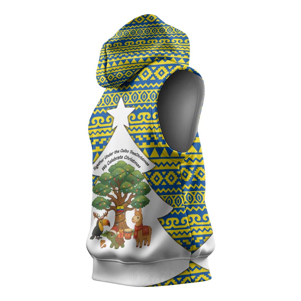 Ecuador Christmas Sleeveless Hoodie with Ceibo Tree Llama Toucan and Traditional Yellow Blue Pattern Design - Wonder Print Shop