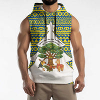 Ecuador Christmas Sleeveless Hoodie with Ceibo Tree Llama Toucan and Traditional Yellow Blue Pattern Design - Wonder Print Shop